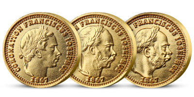 Mincové portréty Františka Jozefa I. Sada troch medailí zušľachtená zlatom 