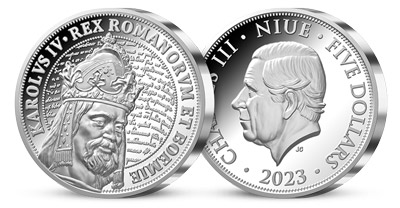 Karel IV. na minci z 3 oz rýdzeho striebra