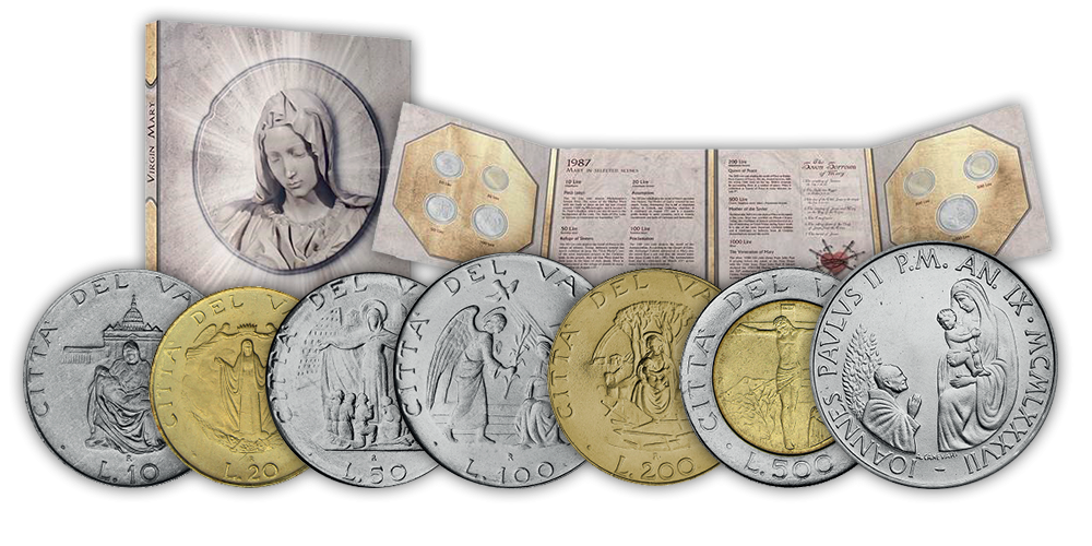 Sada siedmych originálnych mincí emitovaných Vatikánom